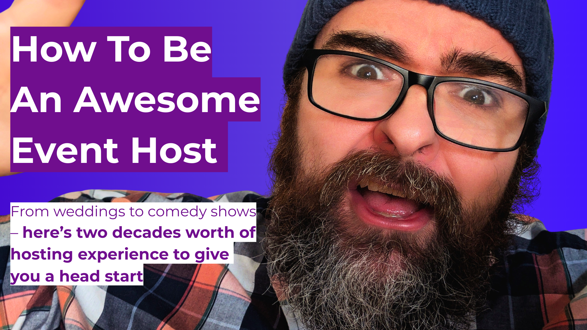 Comedian with beard, toque and glasses close-up showing an exaggerated expression